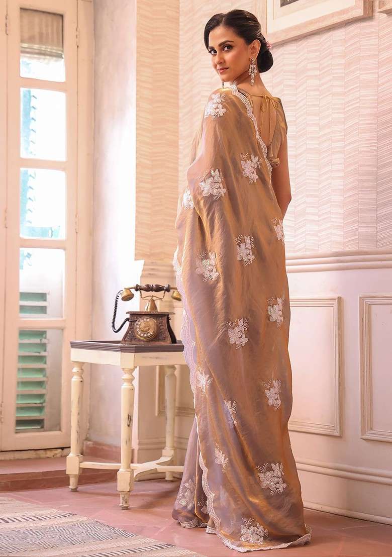 Rose Gold Blended Saree Set with Printed for Diwali | Wedding & Festive Wear - Indya