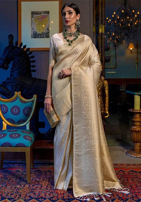 Cream Embroidered Blended Saree Set — view on Indya