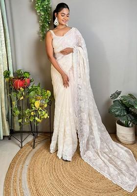 Off White Embroidered Blended Saree Set
