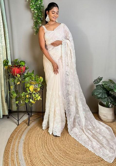 Off White Embroidered Blended Saree Set — view on Indya