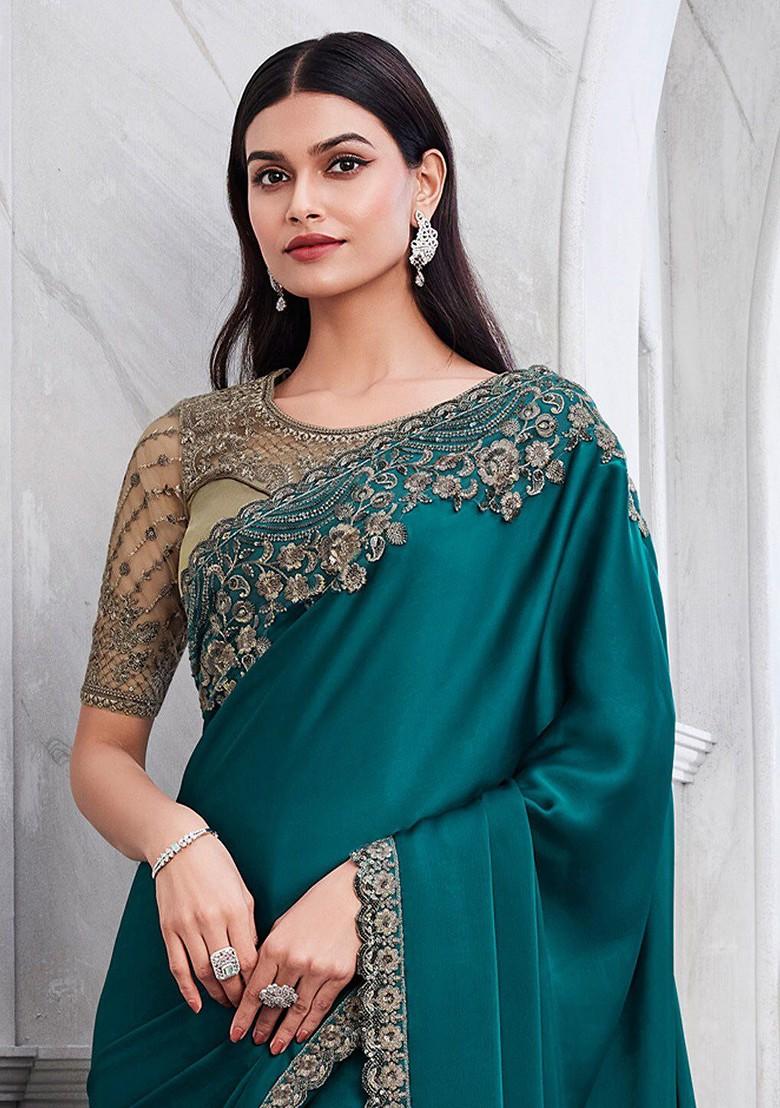 Teal Embellished Blended Saree Set