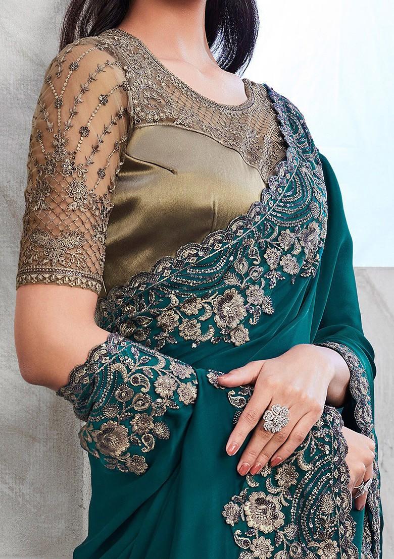 Teal Embellished Blended Saree Set
