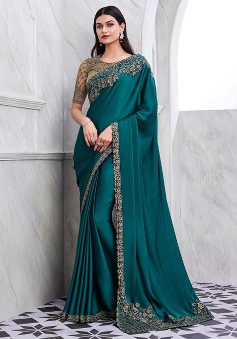 Teal Embellished Blended Saree Set
