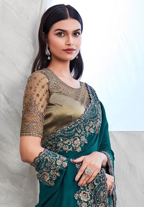 Teal Embellished Blended Saree Set