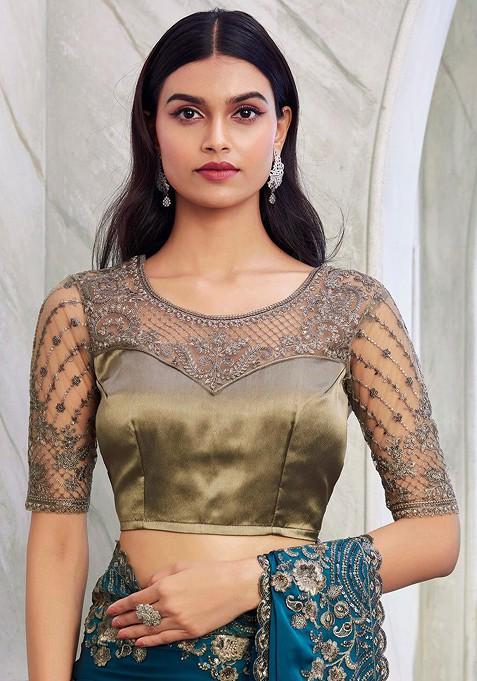 Teal Embellished Blended Saree Set