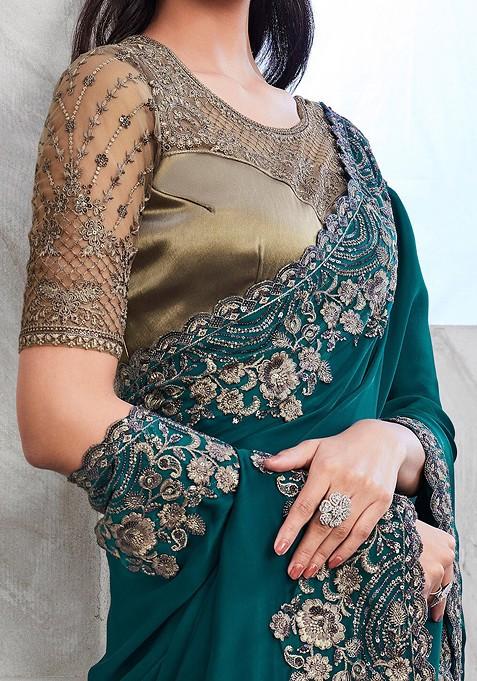 Teal Embellished Blended Saree Set