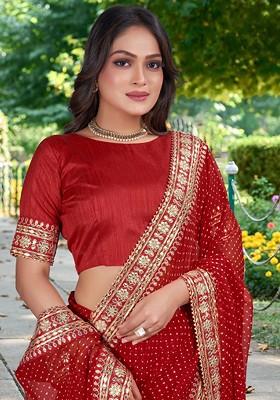 Maroon Printed Blended Saree Set