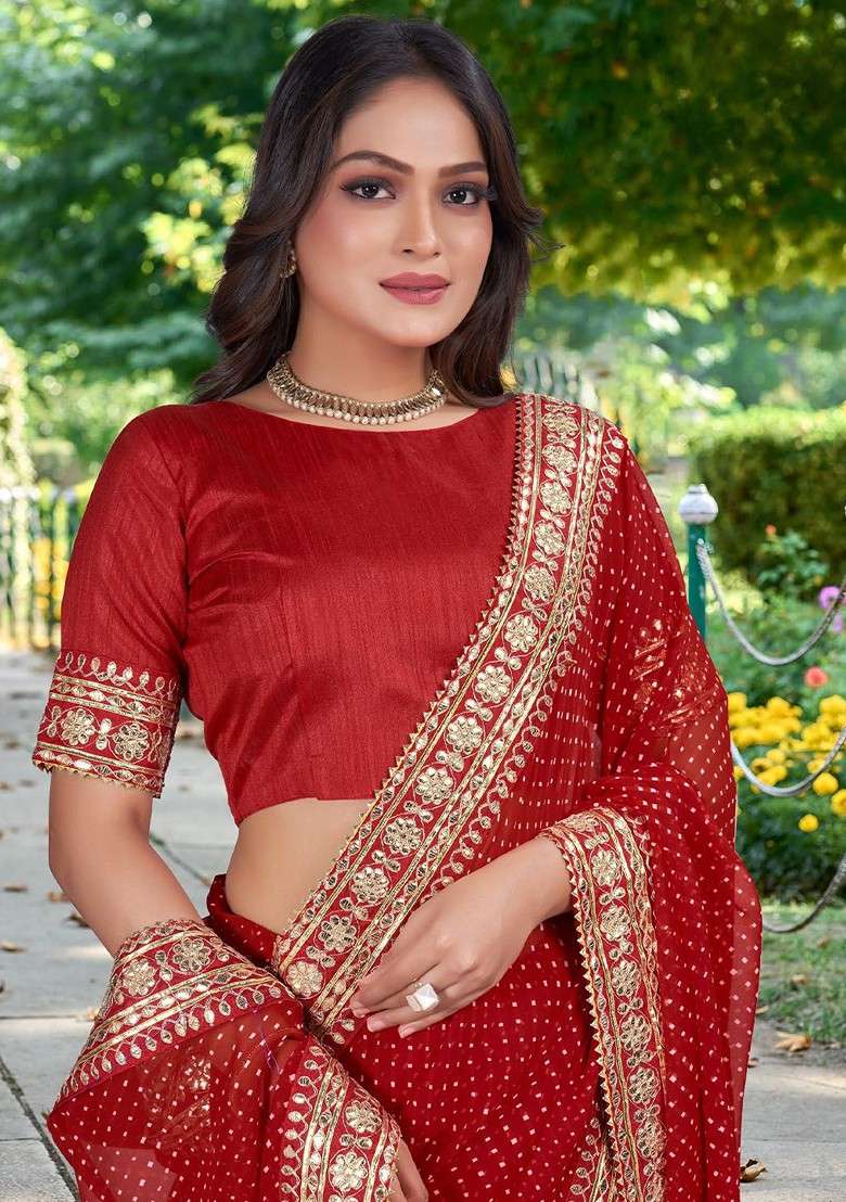 Maroon Printed Blended Saree Set - Indya