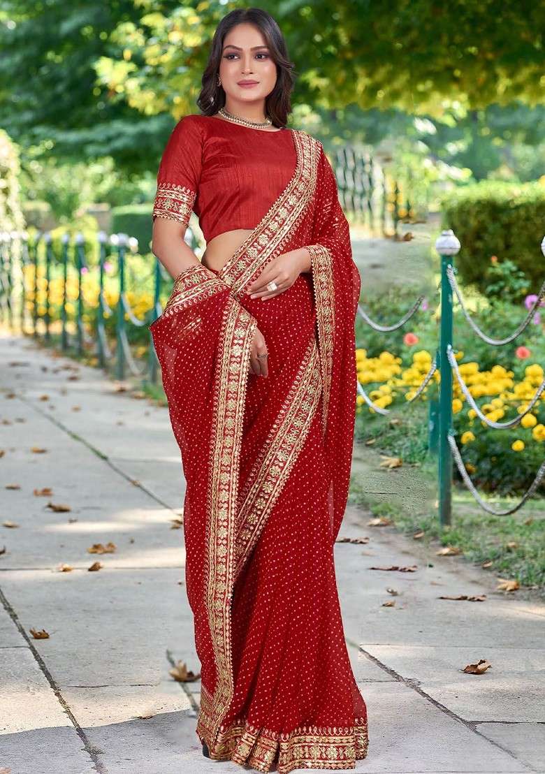 Maroon Printed Blended Saree Set - Indya