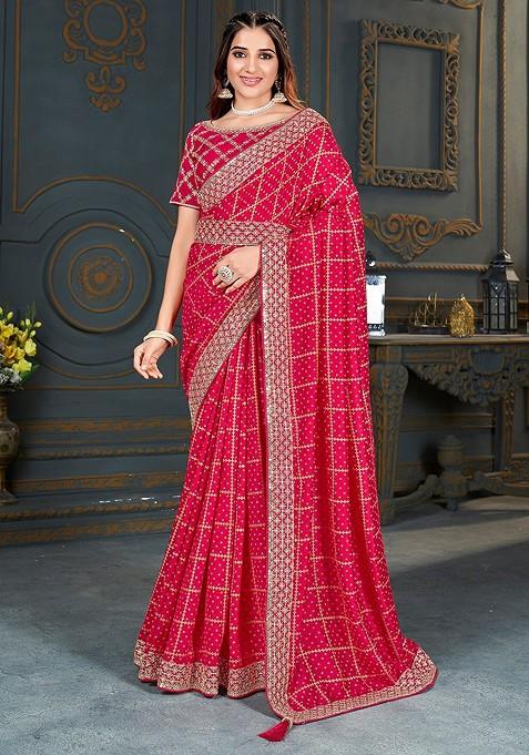 Pink Printed Blended Saree Set
