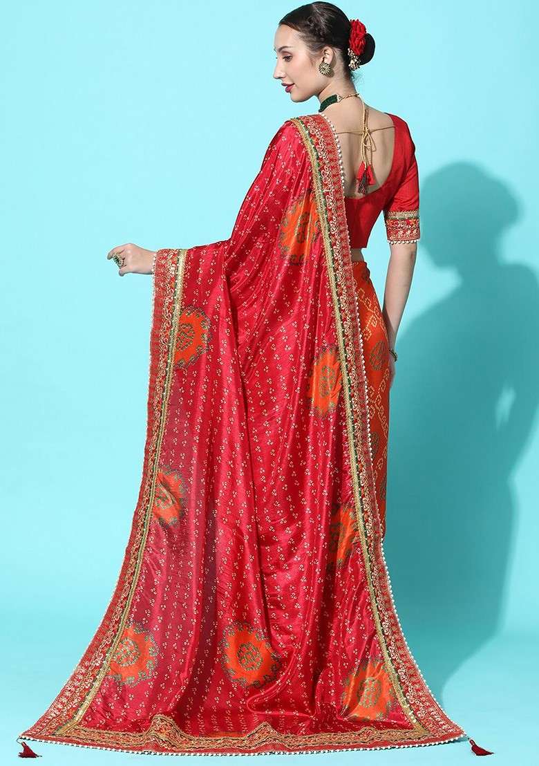 Coral Printed Blended Saree Set for Diwali and Festive Wear - Indya