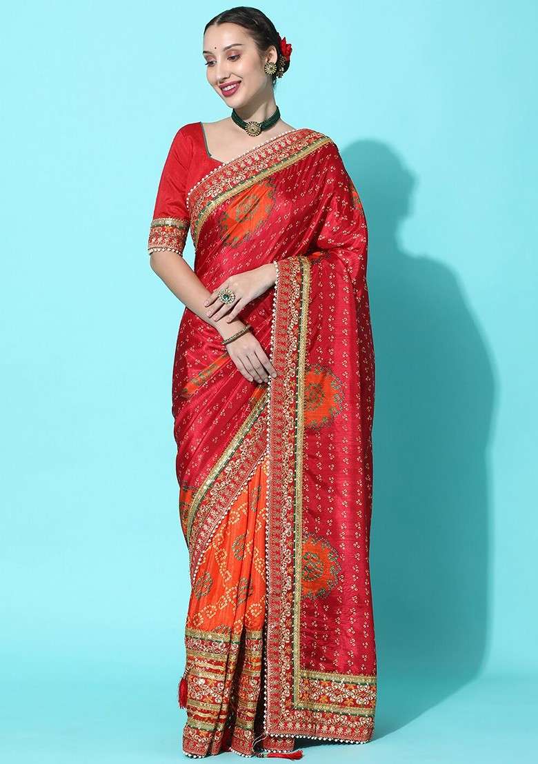 Coral Printed Blended Saree Set for Diwali and Festive Wear - Indya