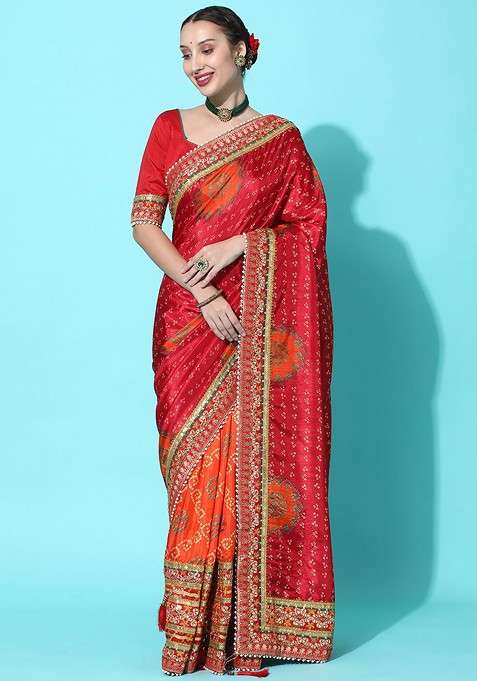 Coral Printed Blended Saree Set for Diwali and Festive Wear