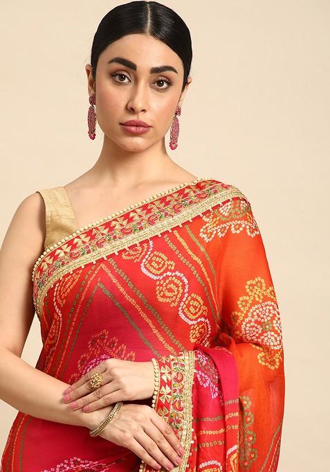 Peach Printed Blended Saree Set
