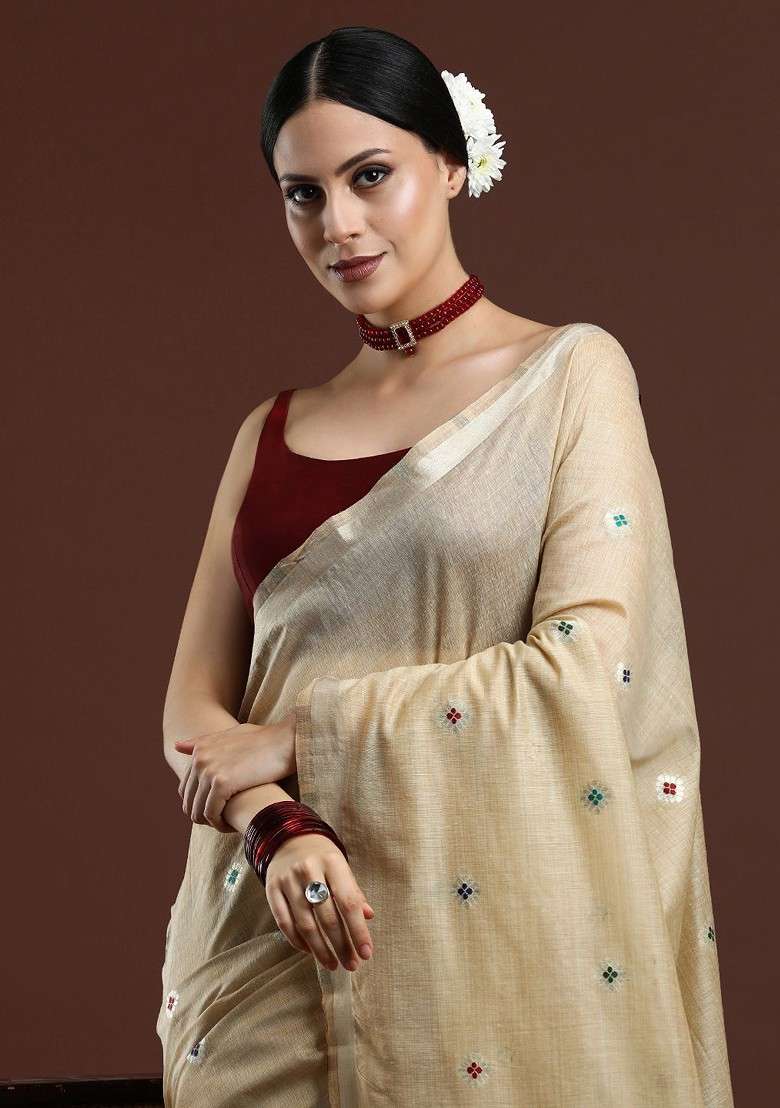 Beige Printed Blended Saree Set - Indya