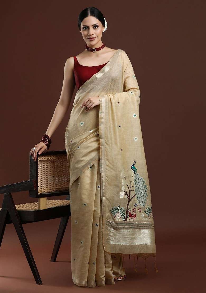 Beige Printed Blended Saree Set - Indya