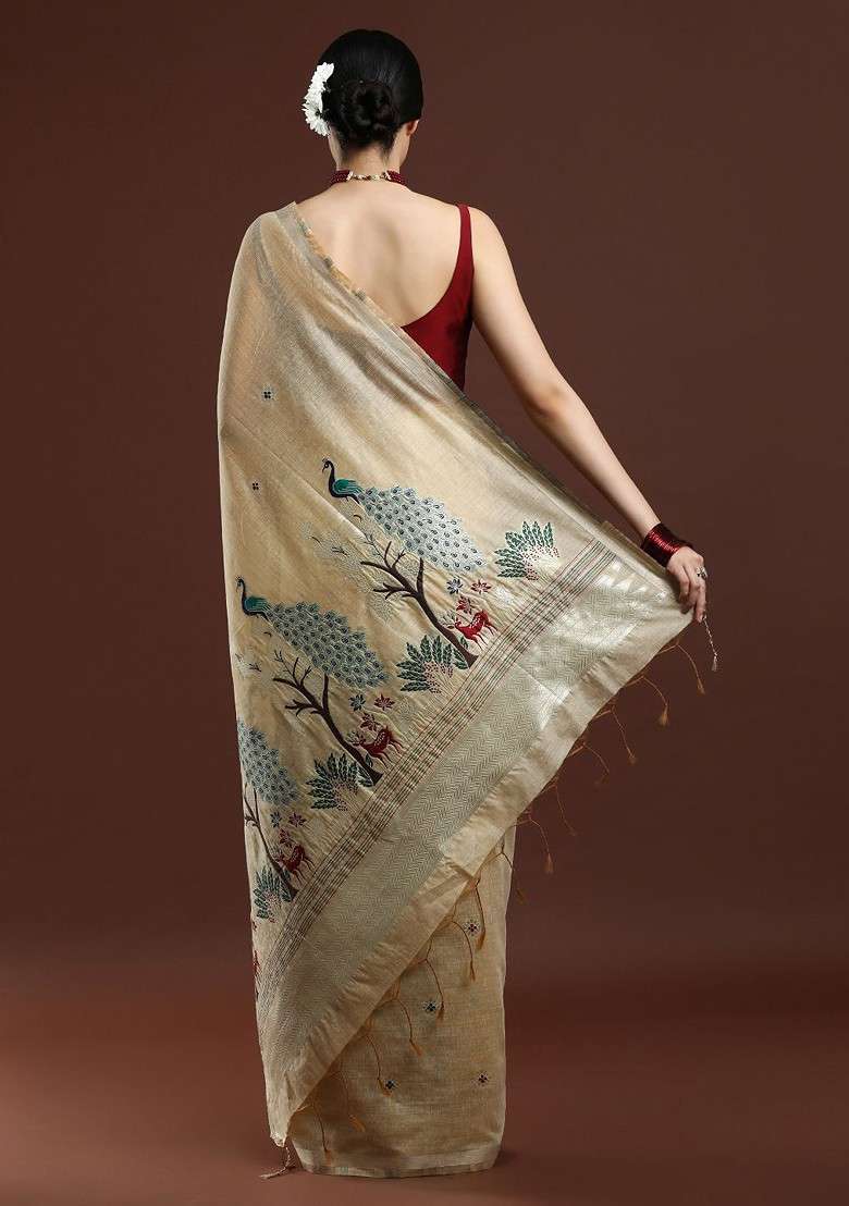Beige Printed Blended Saree Set - Indya