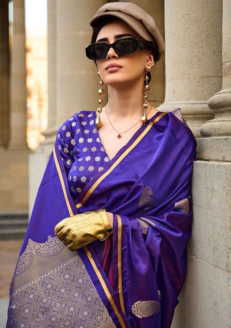 Purple Jacquard Blended Saree Set - Indya