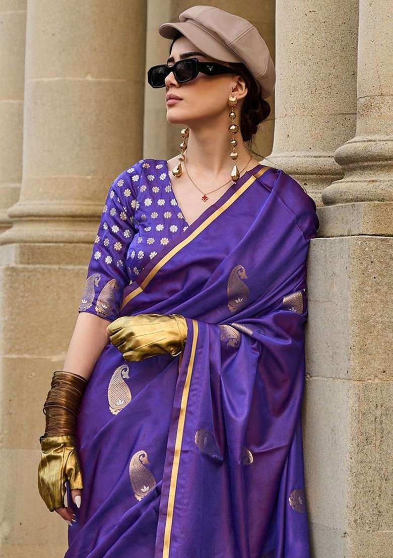 Purple Jacquard Blended Saree Set - Indya