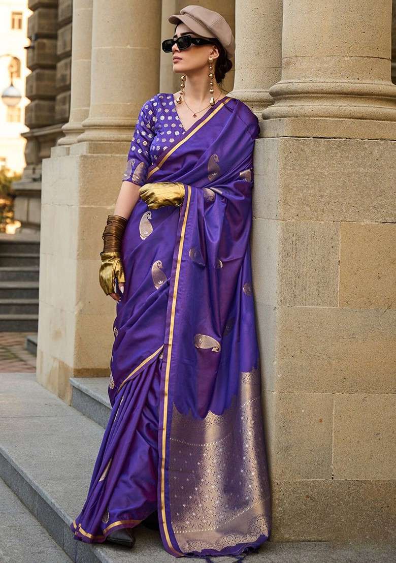 Purple Jacquard Blended Saree Set - Indya