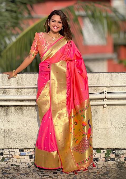 Peach Embroidered Blended Saree Set