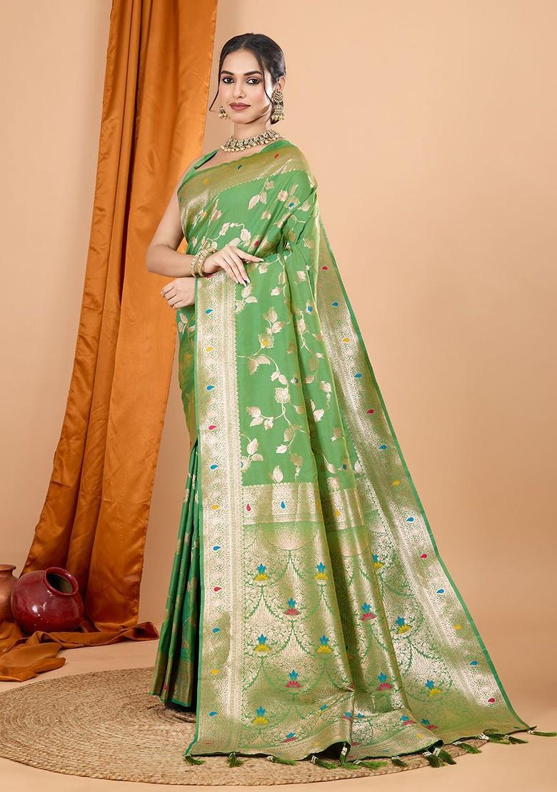 Lime Green Jacquard Blended Saree Set