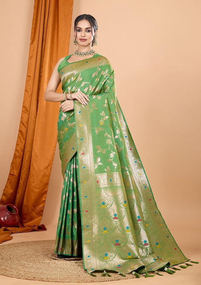 Lime Green Jacquard Blended Saree Set