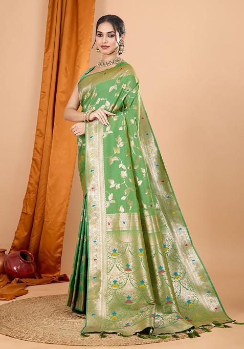 Lime Green Jacquard Blended Saree Set