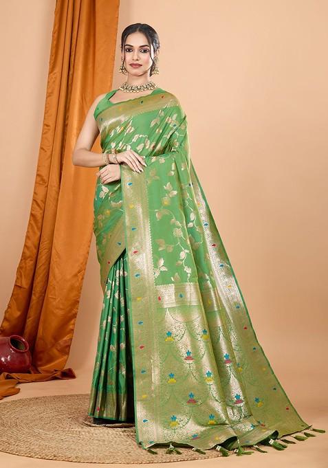 Lime Green Jacquard Blended Saree Set