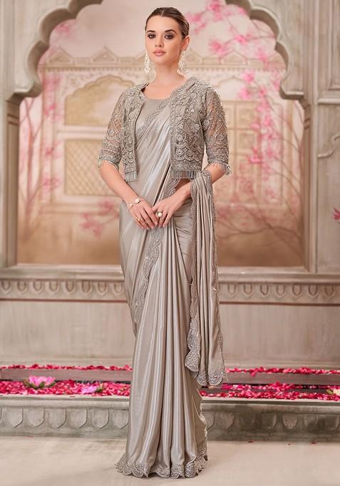 Metallic Embellished Blended Saree Set — view on Indya