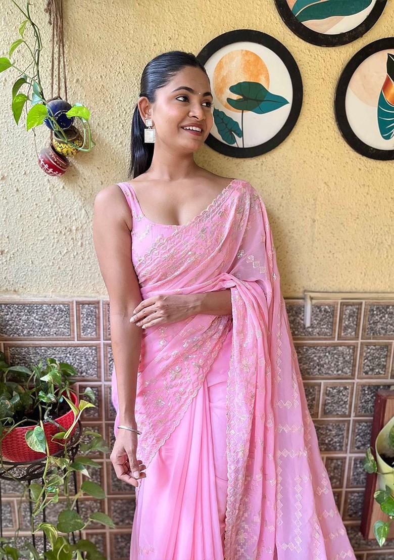 Pink Embellished Blended Saree Set