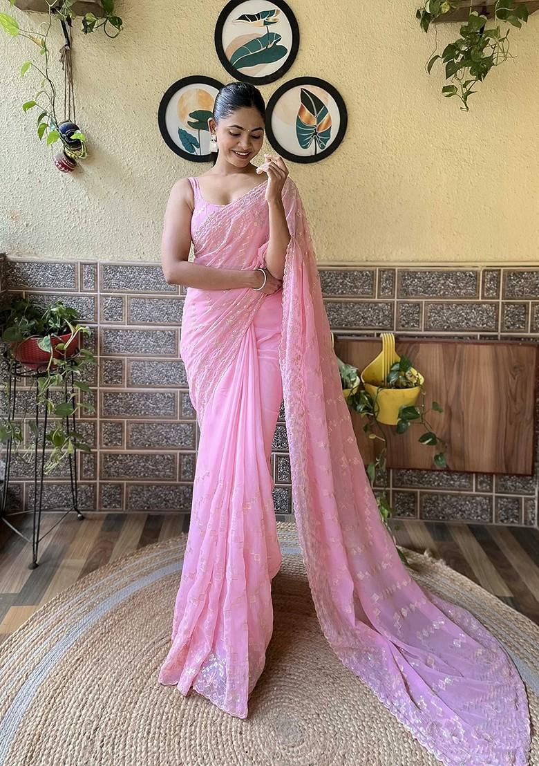 Pink Embellished Blended Saree Set