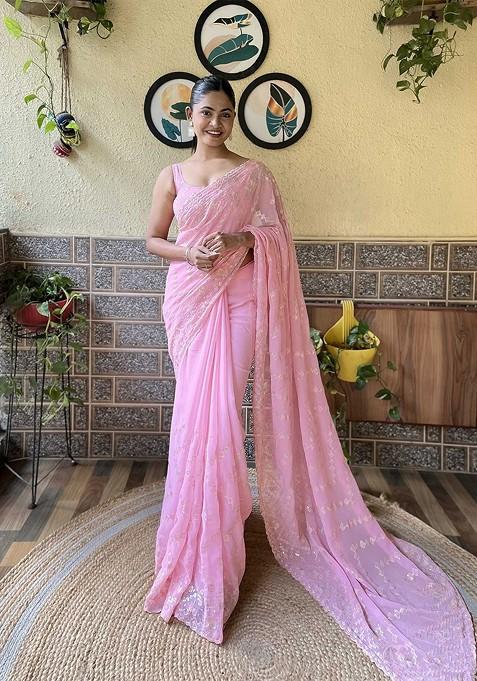 Pink Embellished Blended Saree Set