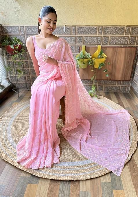 Pink Embellished Blended Saree Set