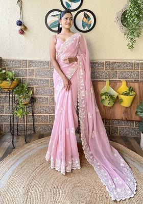 Pink Embroidered Blended Saree Set