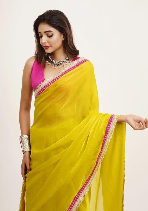 Yellow Embellished Blended Saree Set
