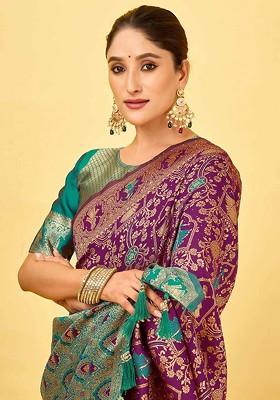 Purple Embroidered Blended Saree Set