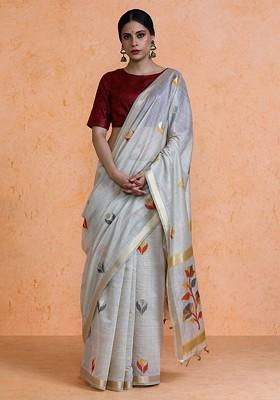 Beige Embroidered Blended Saree Set