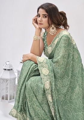 Sea Green Printed Blended Saree Set