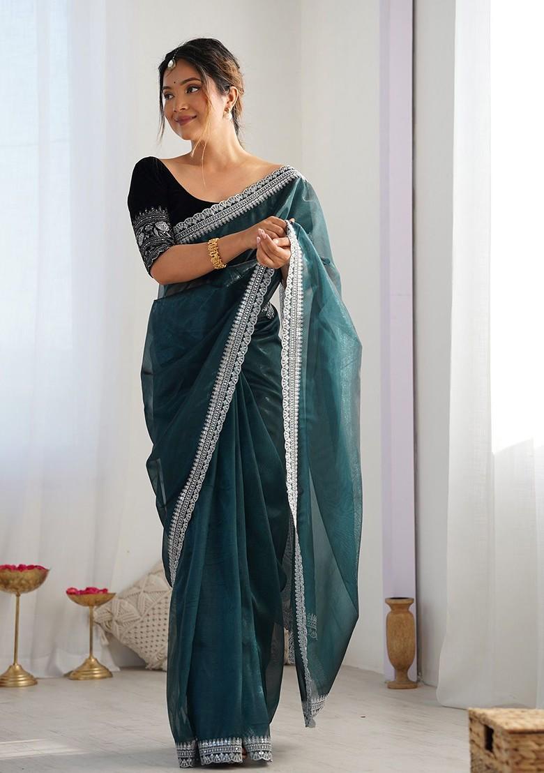 Teal Sequin Embellished Blended Saree Set