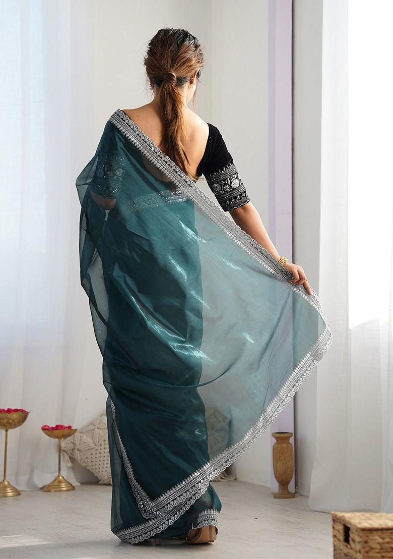 Teal Sequin Embellished Blended Saree Set