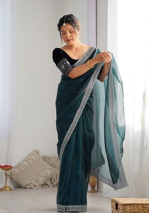 Teal Sequin Embellished Blended Saree Set