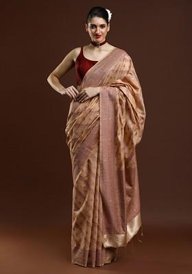Beige Embroidered Blended Saree Set