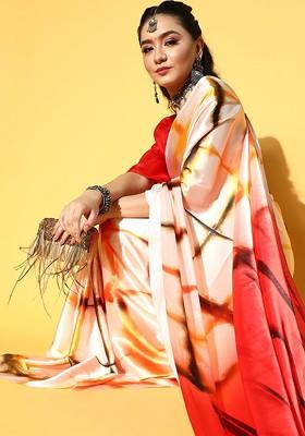 Cream Embroidered Blended Saree Set