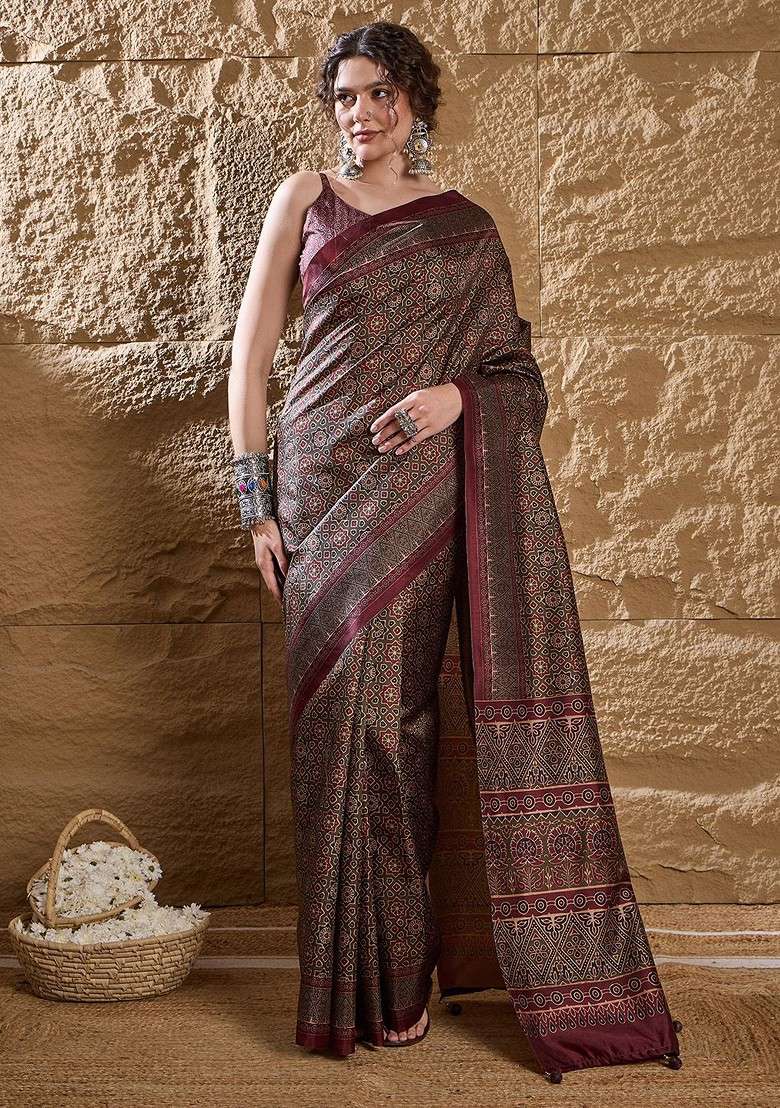 Olive Printed Blended Saree Set for Diwali and Festive Wear - Indya