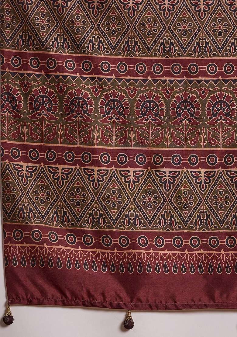 Olive Printed Blended Saree Set for Diwali and Festive Wear - Indya