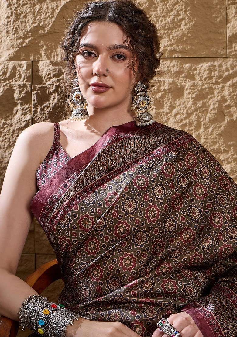 Olive Printed Blended Saree Set for Diwali and Festive Wear - Indya