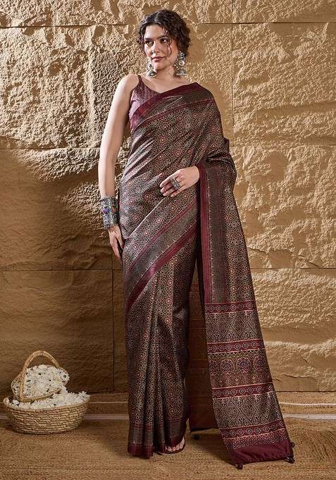 Olive Printed Blended Saree Set for Diwali and Festive Wear