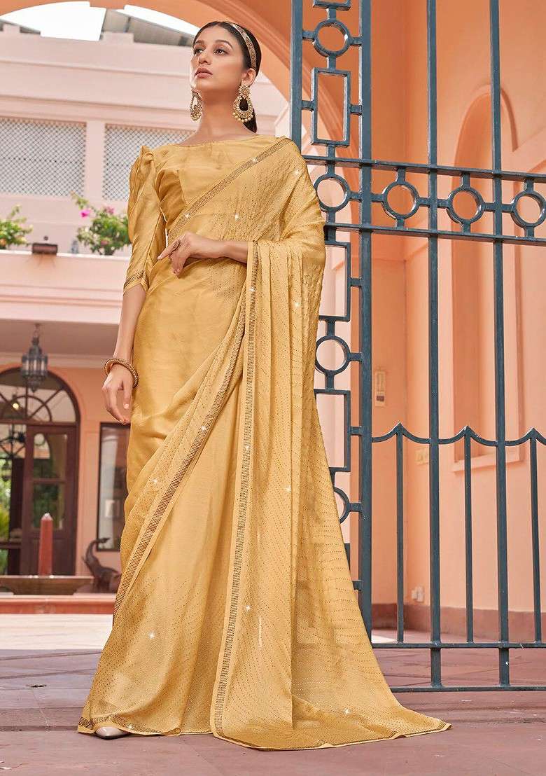 Gold Embellished Blended Saree Set for Diwali and Festive Wear - Indya