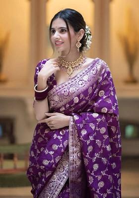 Purple Embroidered Blended Saree Set